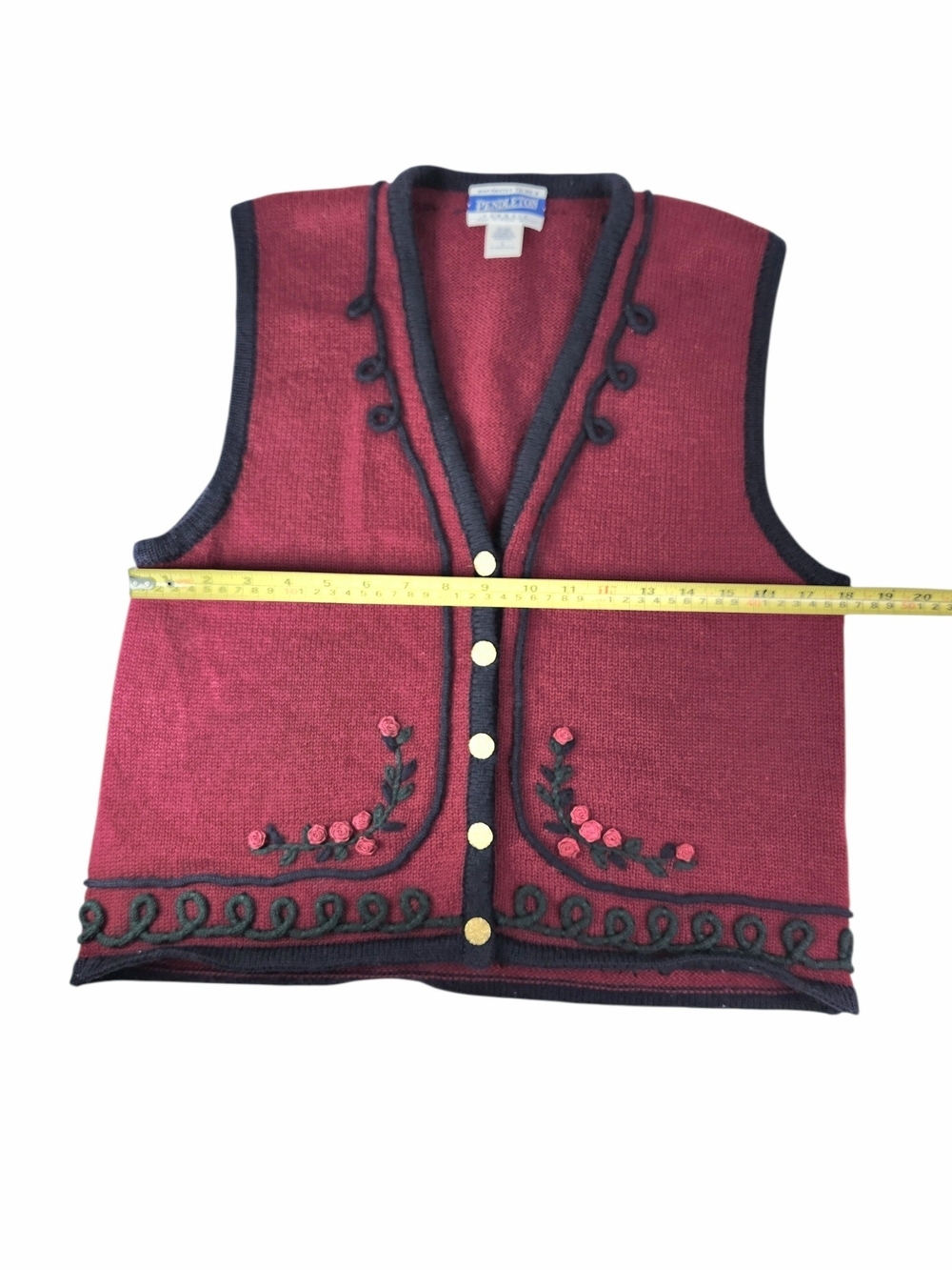 Vintage Pendleton Virgin Wool Vest L Red Embroidered Floral Cottage Folk Granny - Picture 11 of 12